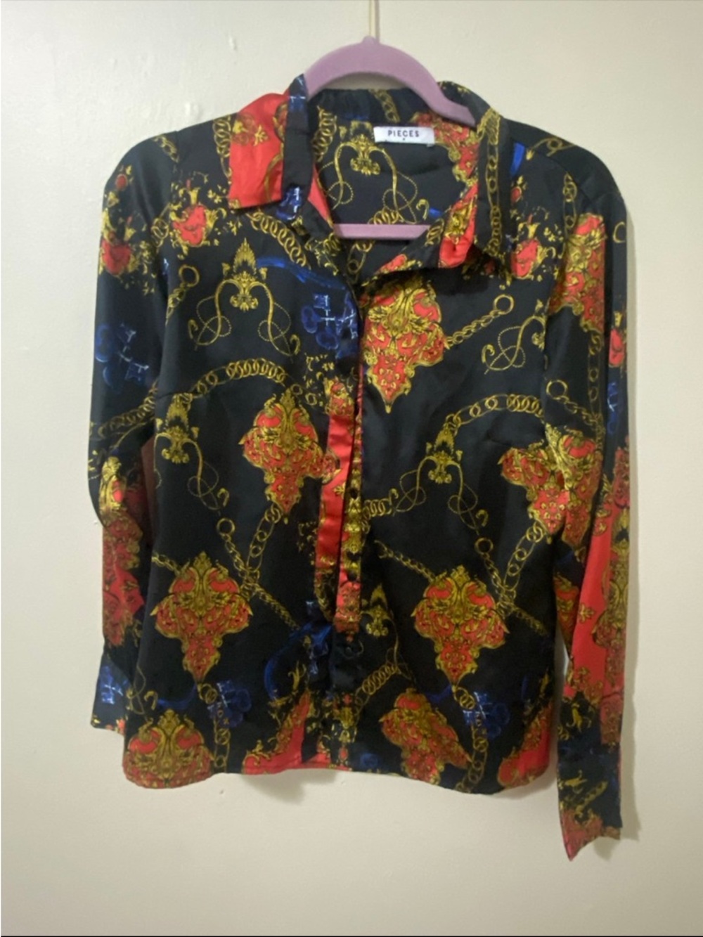 PIECES Black Baroque Print Button-Up Blouse - Red & Gold Accents